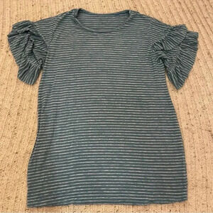 Motherhood Maternity blue striped ruffle sleeve shirt, size medium​